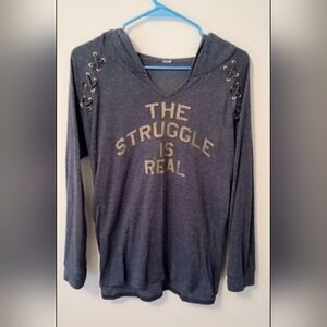 Navy Hooded Long Sleeve with Lace-Up Shoulders & Gold Quote. LG.